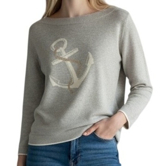 Hasting & Smith Sweaters - Hasting & Smith Gray Nautical Anchor Boat Neck Long Sleeve Pullover Sweater Sz M